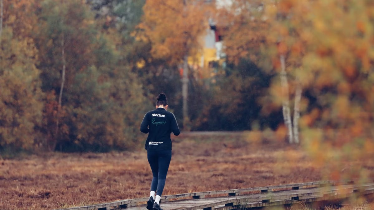 Person jogging on a wooden path surrounded by vibrant autumn foliage in Jönköping, Sweden.